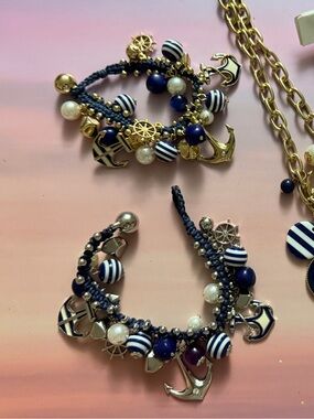 Vintage Boho Boat Anchor Sailing Charm Blues White, Braided Charm Bracelet